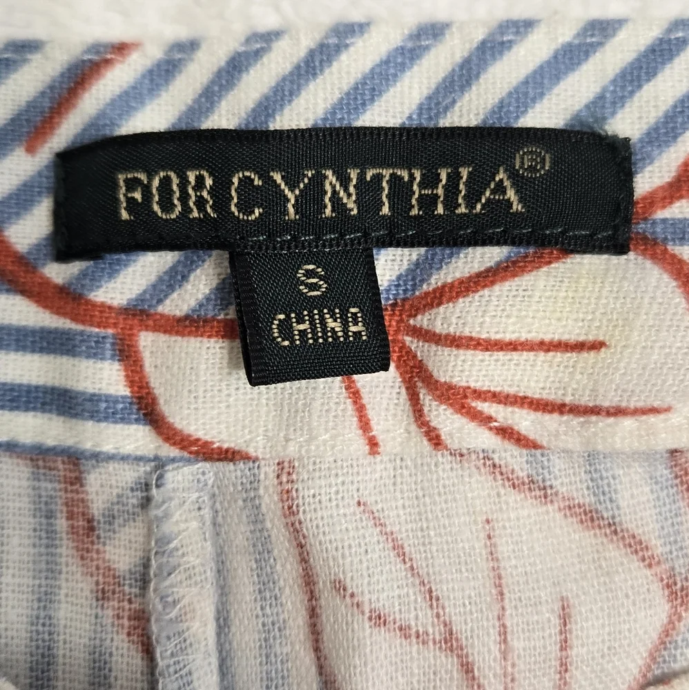 For Cynthia Womens Floral Blue White Striped Elastic Waist Linen Wide Leg Pant S